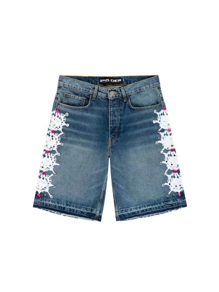 Sp5der Webstone Denim Shorts In Light Blue Wash